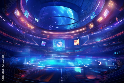 A futuristic sports arena with high-tech equipment and holographic displays photo