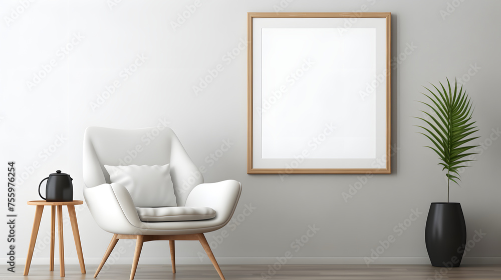 Fototapeta premium Elegant Minimalist Living Room with Blank Poster Frame and Indoor Plant