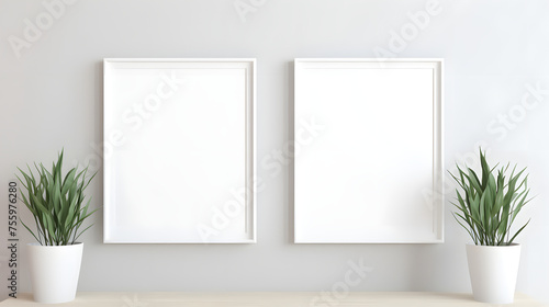 Modern Interior Design Poster Frames with Houseplants on Wooden Table