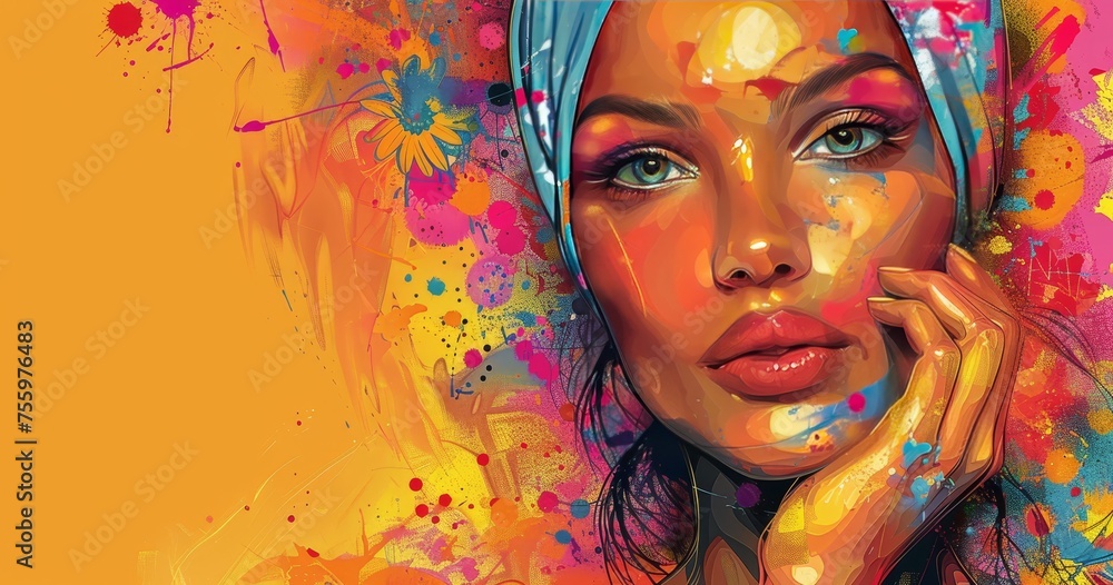 Colorful digital illustration of an attractive woman with headscarf
