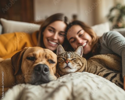 Two women are laying on a bed, one holding a dog while the other cuddles a cat. The room is cozy and relaxed. photo