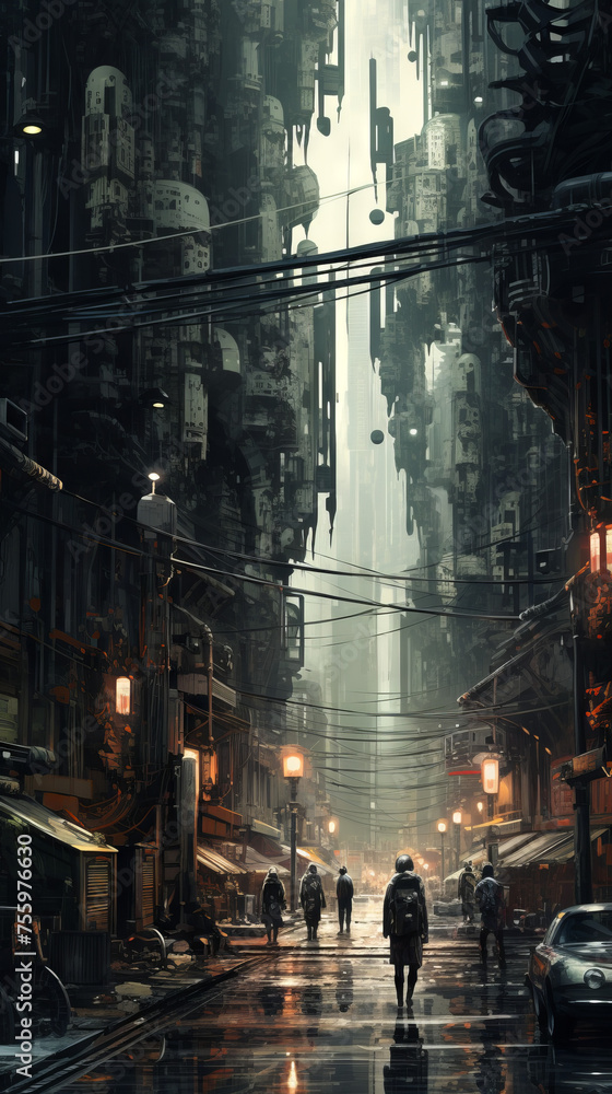 Rainy Cyberpunk Cityscape with Pedestrians

