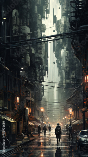 Rainy Cyberpunk Cityscape with Pedestrians
