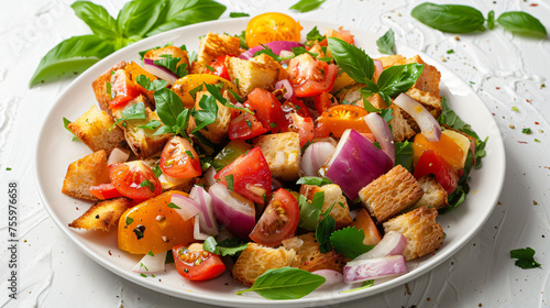 Delicious Plate of Panzanella Salad on a White Background