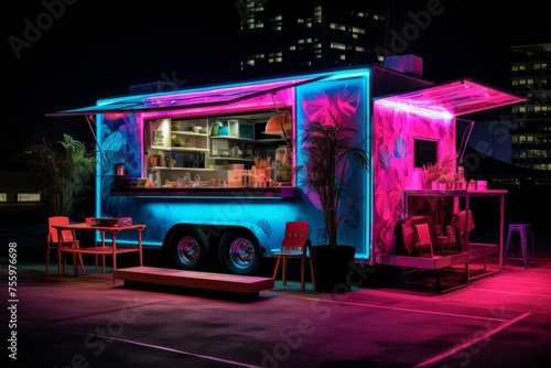 A neon lit food truck serving gourmet cuisine