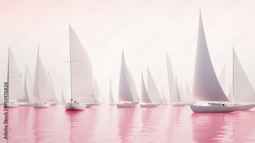 Fototapeta premium sailboat on the river, pink shades