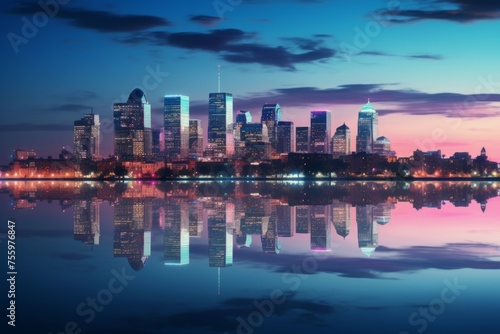 A shimmering reflection of a city skyline at twilight on a calm river