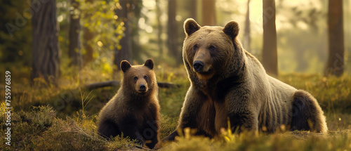 Urso pardo e seu filhote na natureza - Papel de parede photo