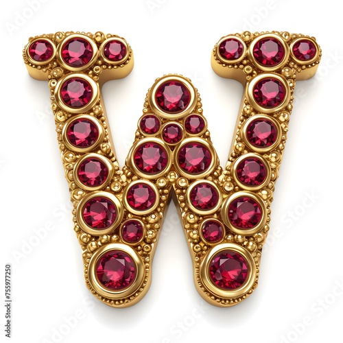 Elegant golden brooch in the shape of a letter W with red gemstones isolated on white