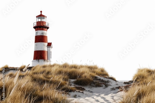 A picturesque red and white lighthouse on a sandy beach. Perfect for travel or coastal themes.