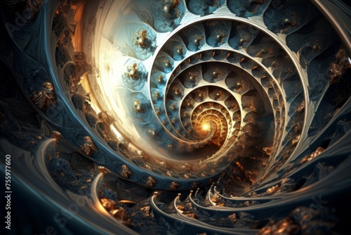 An artistic rendering of a mesmerizing 3D fractal spiral with intricate fractal patterns and mesmerizing details with captivating motion
