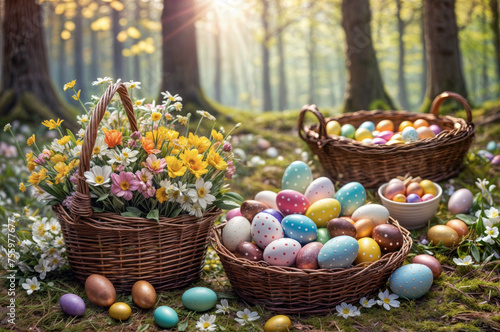 Two baskets filled with colorful Easter eggs and flowers placed on the grass in the forest. Easter Scene