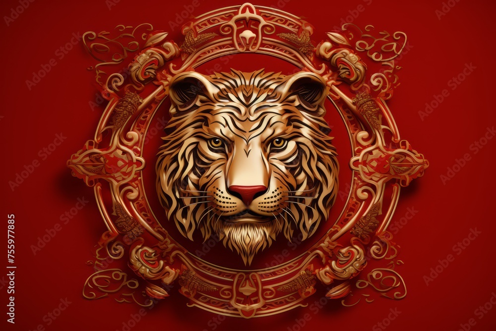 Detailed tiger zodiac emblem on a red background
