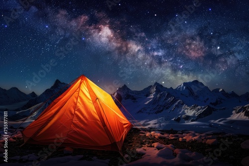 A tent pitched up in the snow under the night sky. Perfect for outdoor adventure concepts.