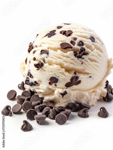 Vanilla ice cream with chocolate chips and chocolate chips on a white background photo