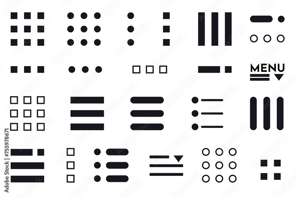 Menu button icon set symbol. Hamburger Menu Flat Icons. Menu Icons Vector Set of UI Design Elements. Hamburger or burger line app menu for home or drop list