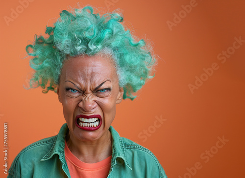 Portrait of an angry African woman 60 years old with green hair in green clothes on a peach-colored background