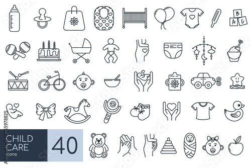 Child care thin line icons. Set of line icons related to international children day, kid rights, parenthood. Editable Stroke