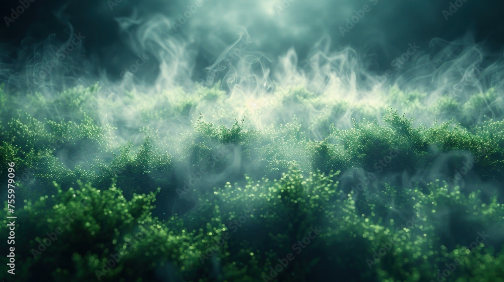 Green forest enveloped in swirling mist or steam.