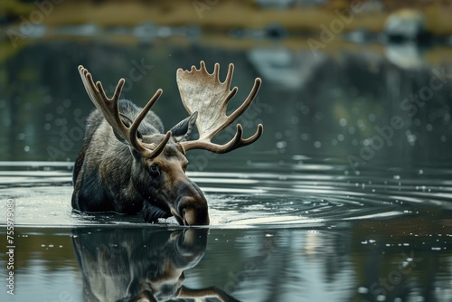Majestic moose with impressive antlers wading in water, suitable for wildlife and nature concepts. photo