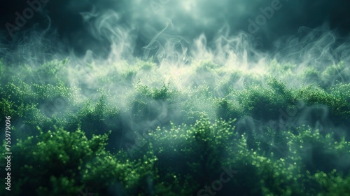 Green forest enveloped in swirling mist or steam. © Helios4Eos