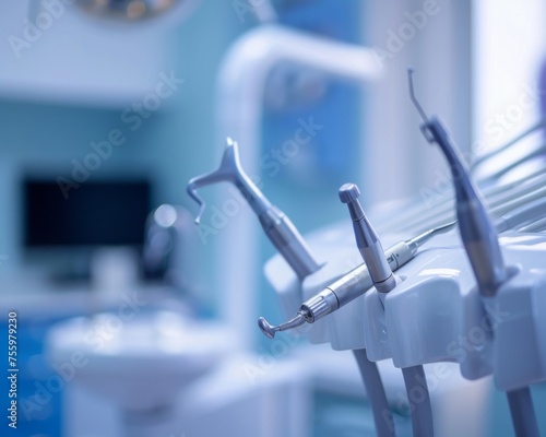 Close up view of various dental instruments laid out neatly on a table in a clinical room.