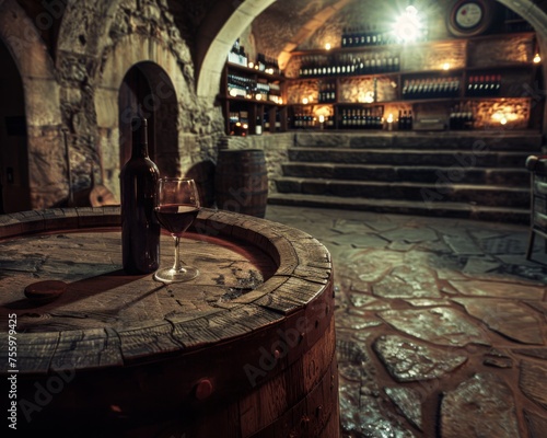 Wine bottle resting on wooden barrel photo