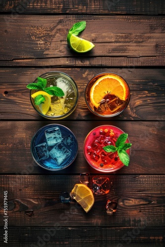 Different types of drinks displayed on a table, suitable for beverage concepts.