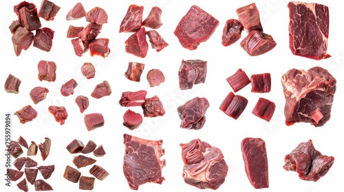 Various cuts of meat displayed on a clean white background. Suitable for food industry projects.