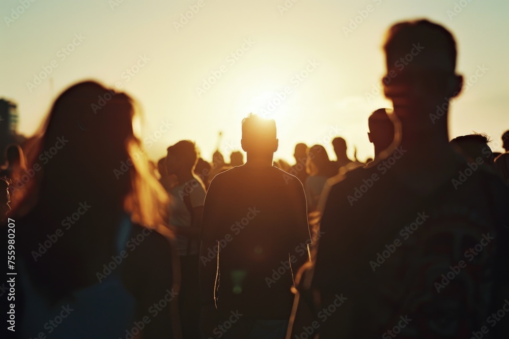 Group of people standing in sunlight, ideal for wellness concepts.