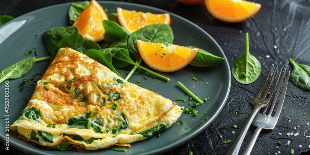 Delicious omelet with spinach and fresh orange slices. Perfect for breakfast or brunch. Delicious omelet with spinach and fresh orange slices. Perfect for breakfast or brunch.