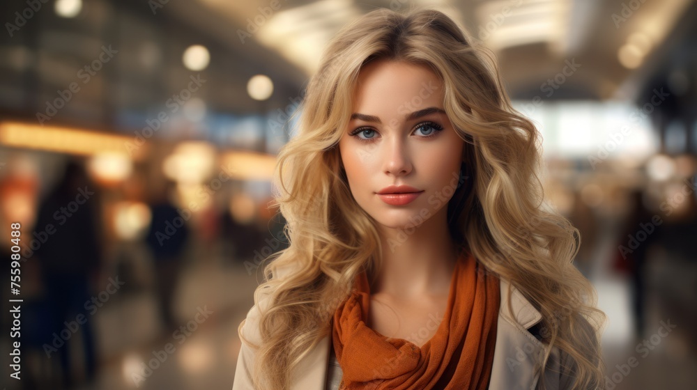 Striking girl with long blond hair in shopping mall, perfect beauty.