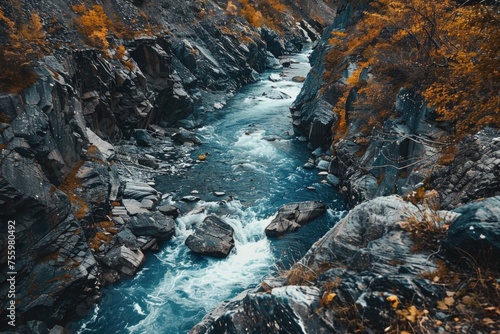 Scenic view of a river flowing through a rocky canyon. Perfect for nature and outdoor themes.