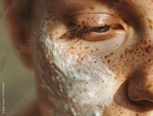 Close-up shot of female skin with freckles with white cream 