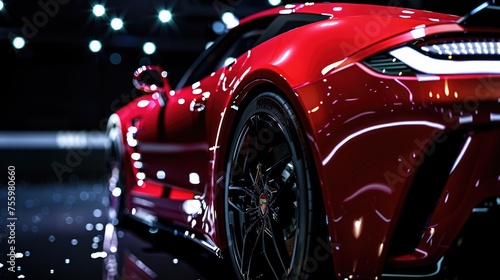 Close up of a red sports car on display. Perfect for automotive enthusiasts. © Fotograf