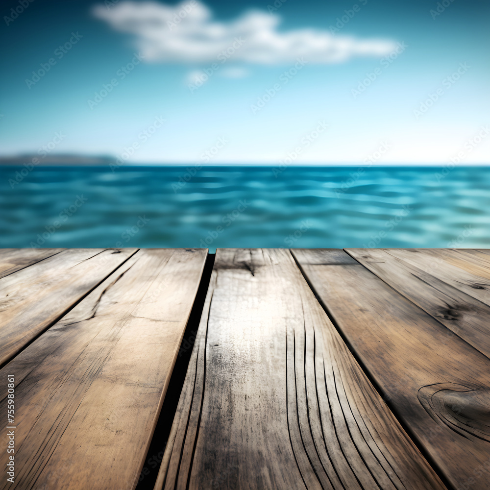 Wooden deck and sea background. Collage. Selective focus.