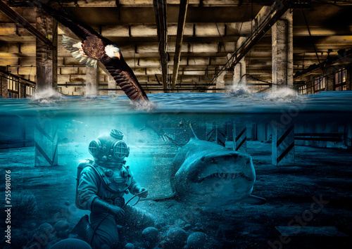 Grafika przedstawia fotorealistyczny obraz nurka, który z niezachwianą odwagą i ciekawością przemierza zatopione przestrzenie fabryki. Towarzyszy mu rekin, symbolizujący nie tylko niebezpieczeństwa.