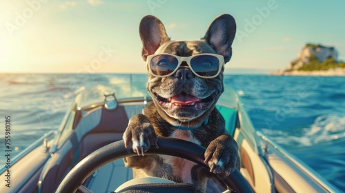 A dog wearing sunglasses driving a boat. Perfect for summer vacation concepts.