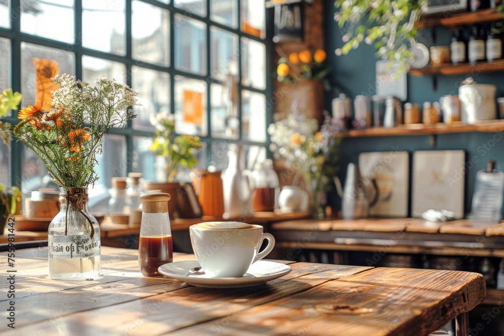 Wooden Table With Cup of Coffee. Generative AI Wooden Table With Cup of Coffee. Generative AI