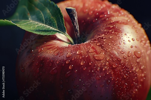A vibrant red apple covered in glistening water droplets. Perfect for healthy eating or food and beverage concepts.
