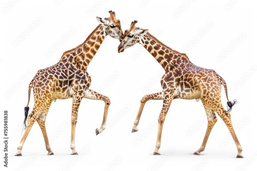 Obraz premium A pair of giraffes standing side by side. Perfect for wildlife or nature-themed designs.