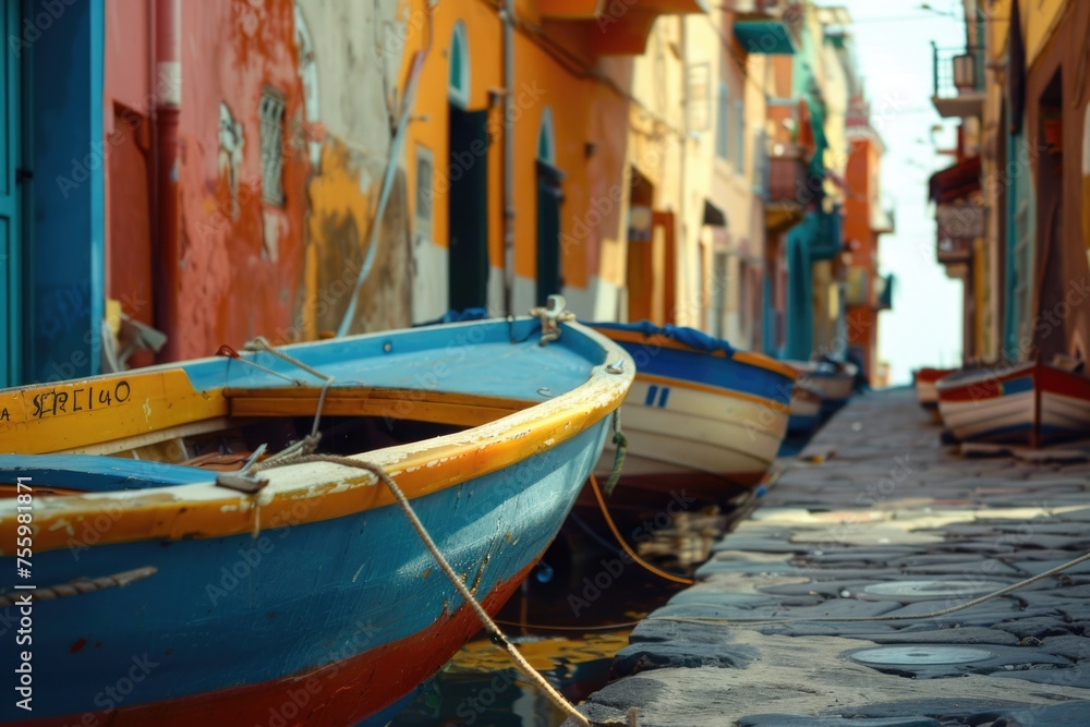 Row of boats tied to the side of a building, suitable for travel brochures.