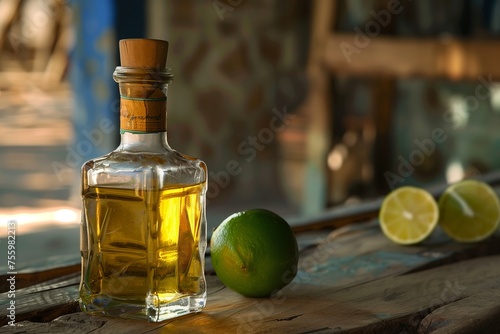 Tequila bottles in a wooden bowl with lime at Mexico