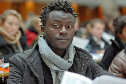 African Male Student Engaged in Classroom Learning During a Winter Session