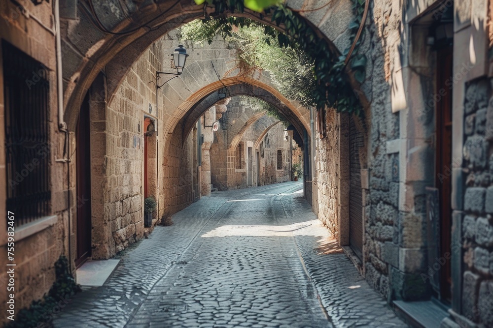 Obraz premium Stone arch on a narrow cobblestone street, perfect for historical or architectural projects.