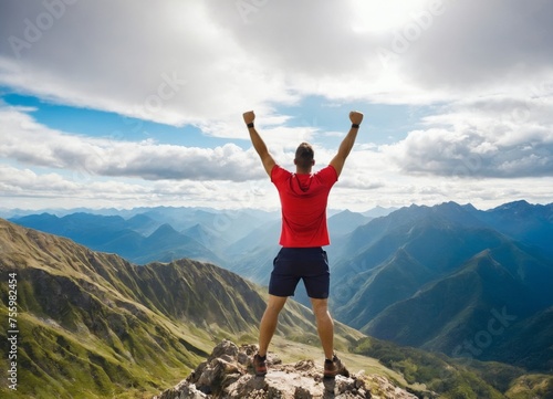 Positive man celebrating on mountain top,