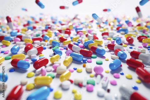A pile of various pills and medications on a table. Suitable for medical or pharmaceutical concepts.