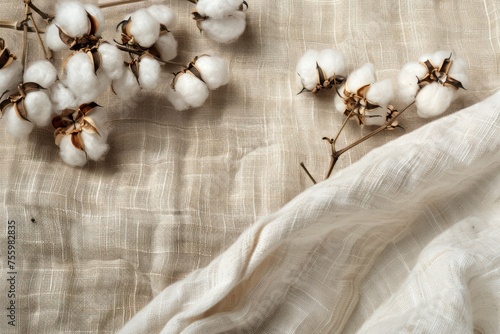 White cotton flowers on linen background. Flat lay, top view.