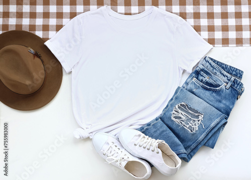 White T-shirt mockup front short sleeve with beautiful background. Ready to replace your design