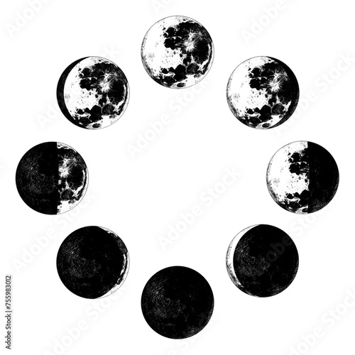 The Phases Of The Moon in the solar system. Astrology or astronomical galaxy space. Orbit or circle. engraved hand drawn in old sketch, vintage style for label.
